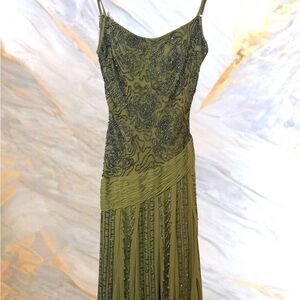 Sue Wong Nocturne Olive Silk Beaded Dress • Size 6 • Vintage Luxe • Hand-Beaded